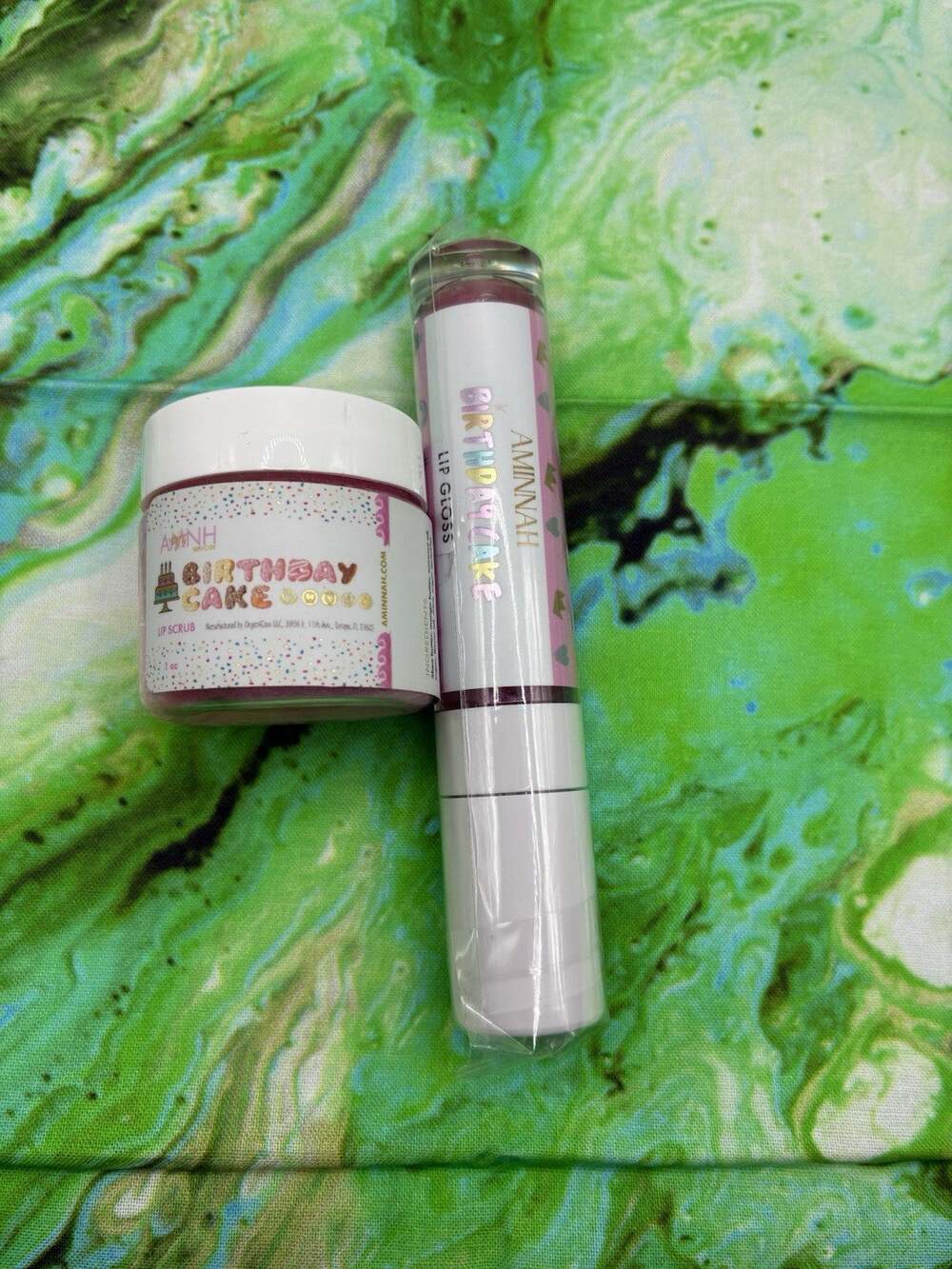 Birthday Cake Lip Gloss and Lip Scrub Set Aminnah Shea Sugar Vegan Gift Duo